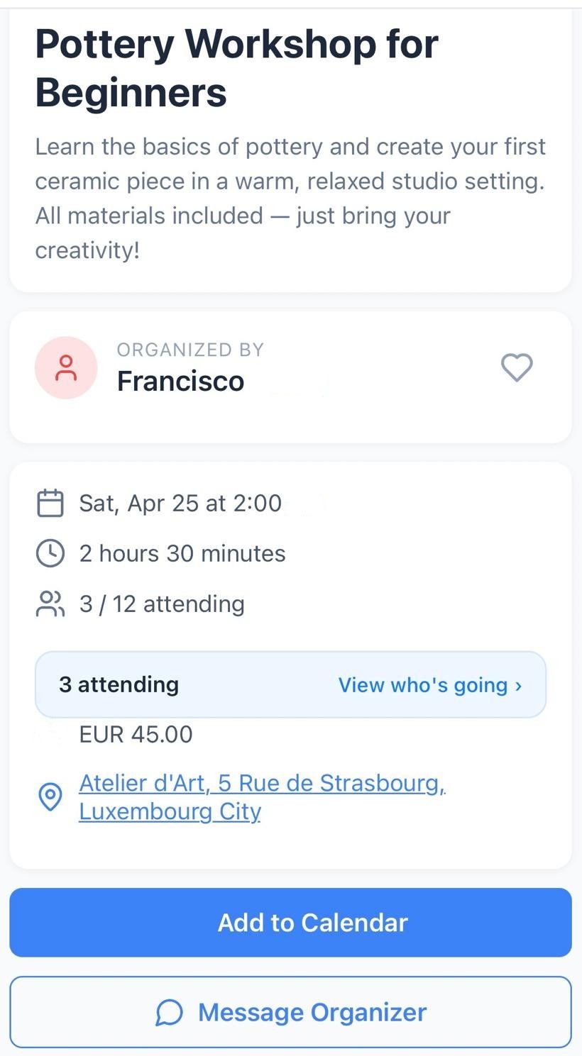 Event detail with attendees and message organizer